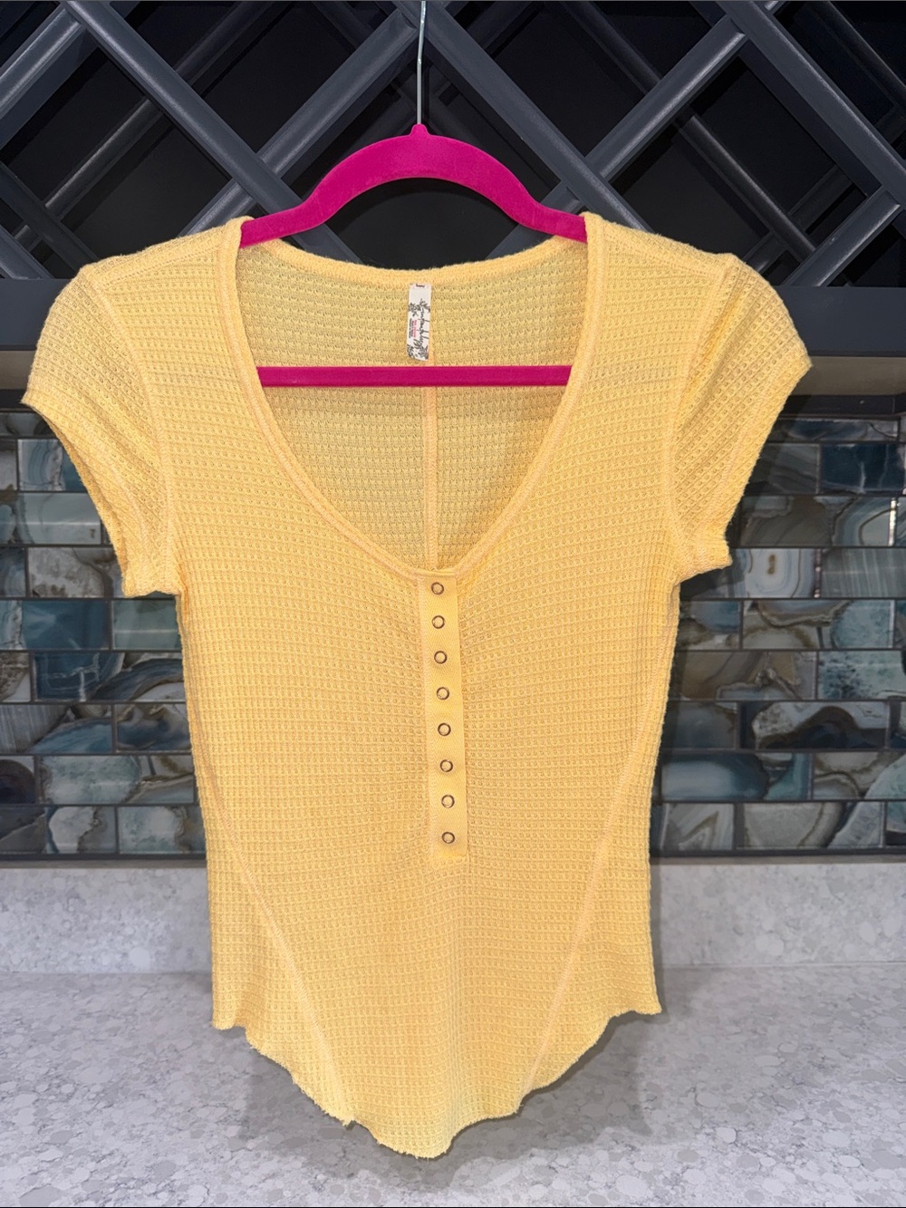 Free People Sunny Yellow Waffle Henley Tee